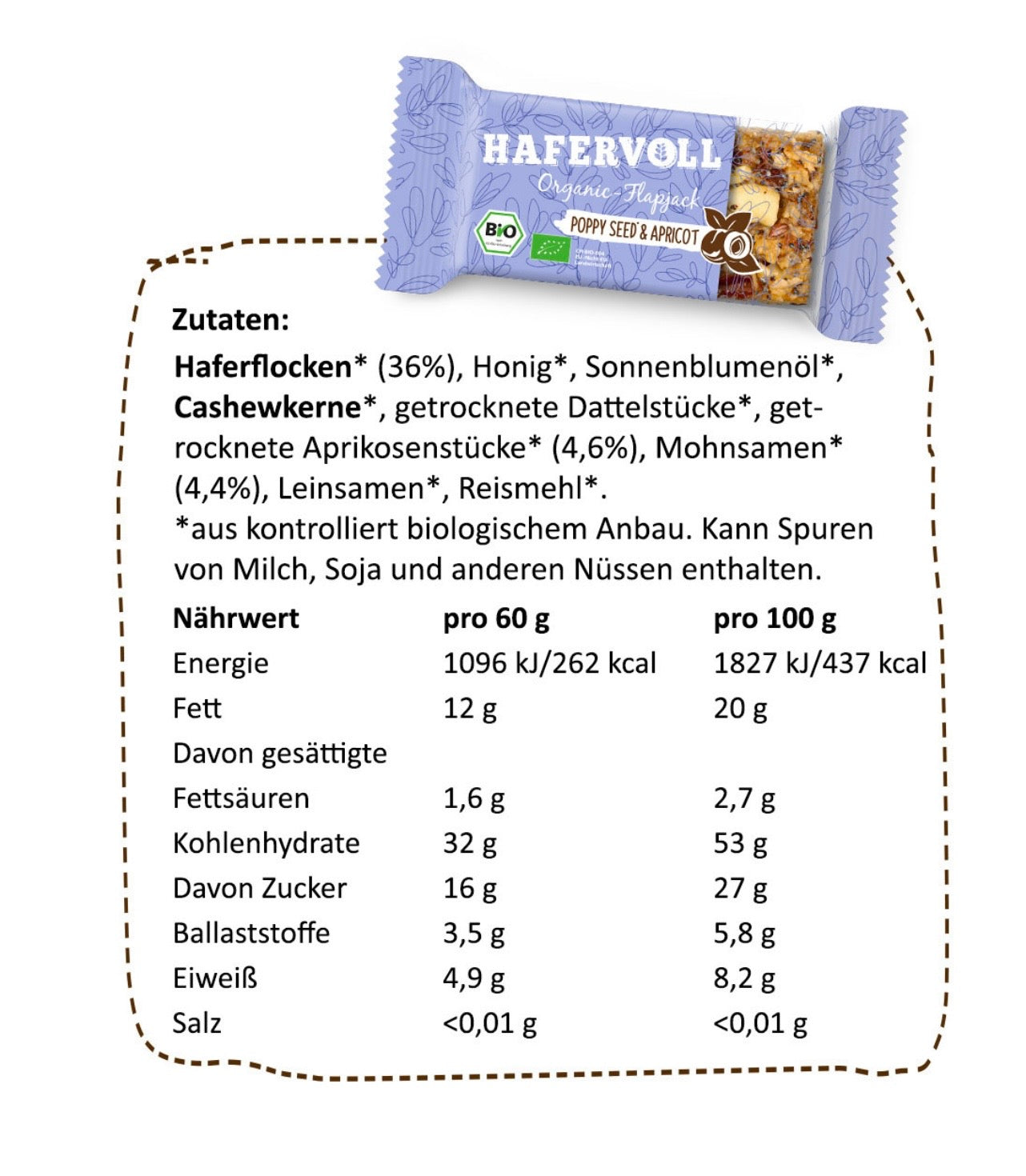 Hafervoll Poppy Seed & Apricot Flapjack - Bio & Palmölfrei, 60 g