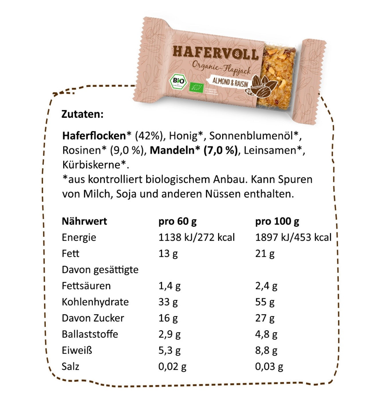Hafervoll Almond & Raisin Flapjack - Bio & Palmölfrei, 60 g