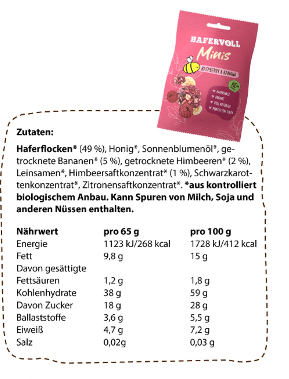Hafervoll Raspberry & Banane Minis - Bio & Palmölfrei, 65 g