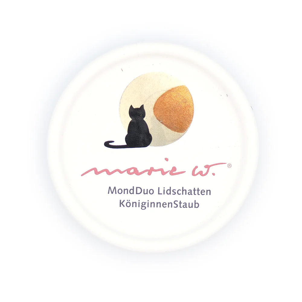 Der elegante runde Behälter zeigt eine schwarze Katzensilhouette und abstrakte Formen und trägt die Aufschrift „Lidschatten MondDuo KöniginnenStaub“ von Marie W.