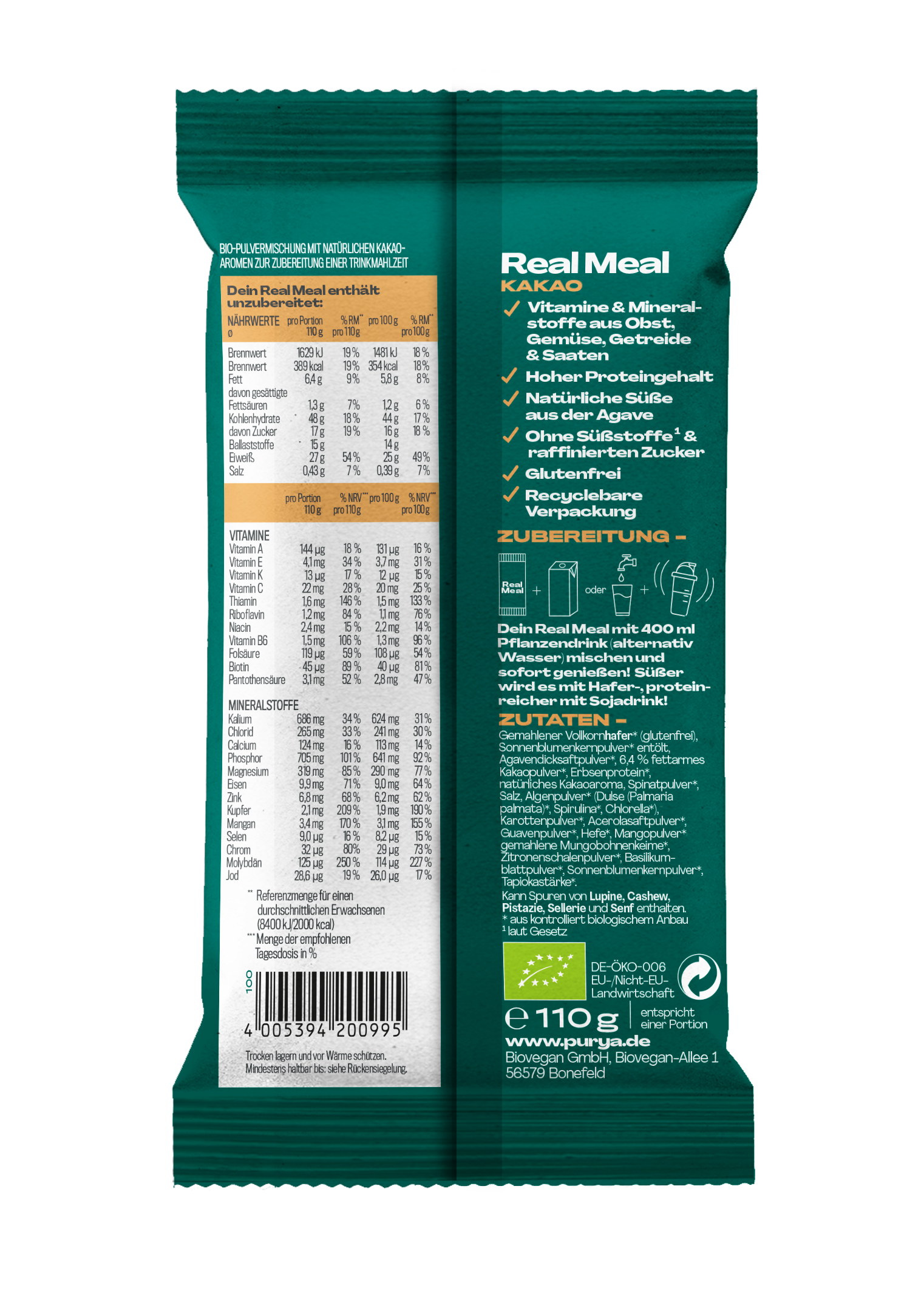 PURYA BIO Trinkmahlzeit Pulver Kakao - Vegan & Glutenfrei, 110g