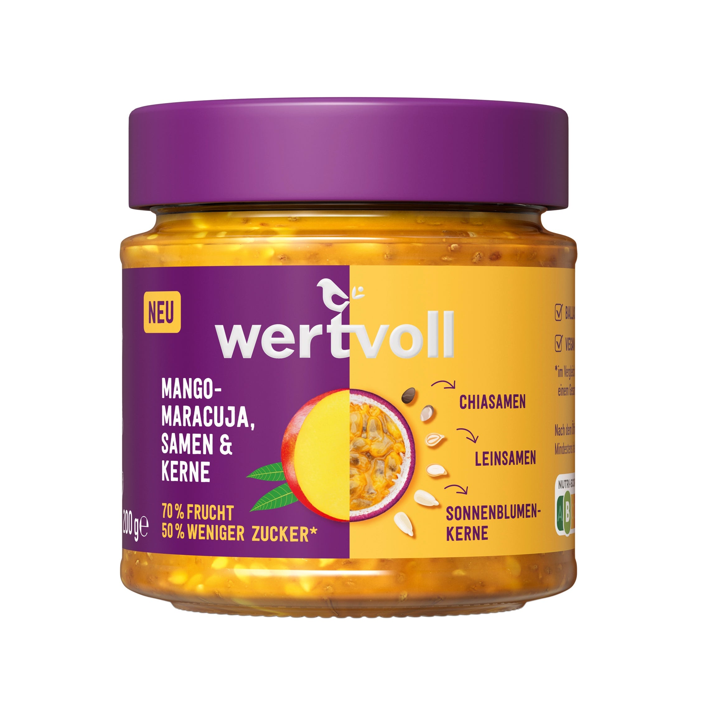 wertvoll Fruchtaufstrich Mango-Maracuja, Samen & Kerne
