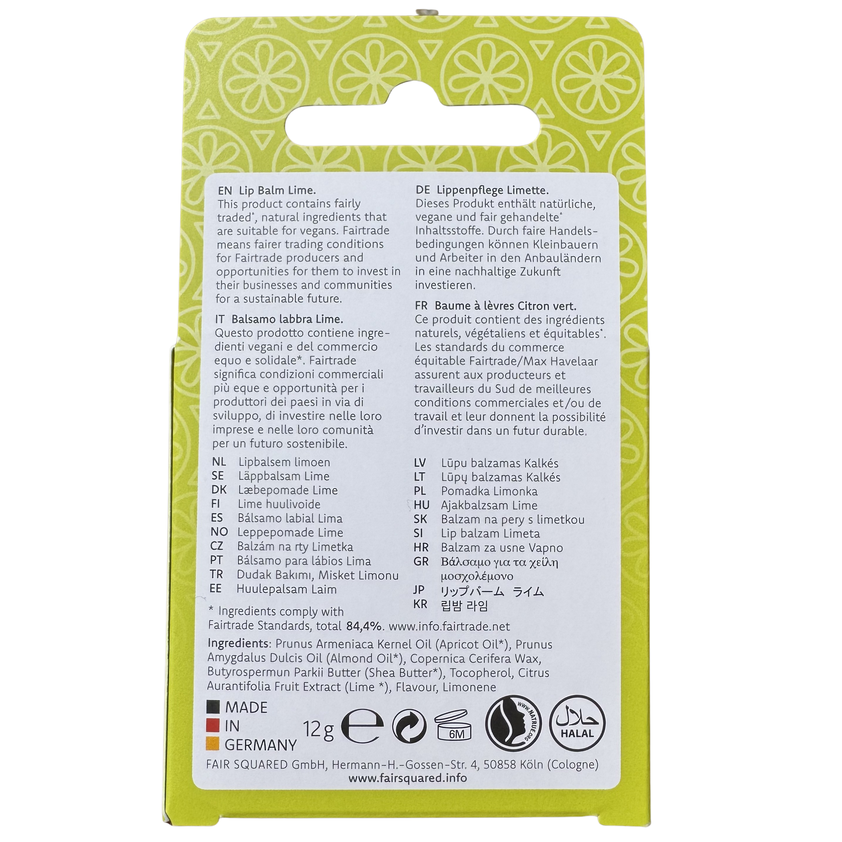 FAIR SQUARED Lip Balm Lime - Vegan & Halal, 12 gr