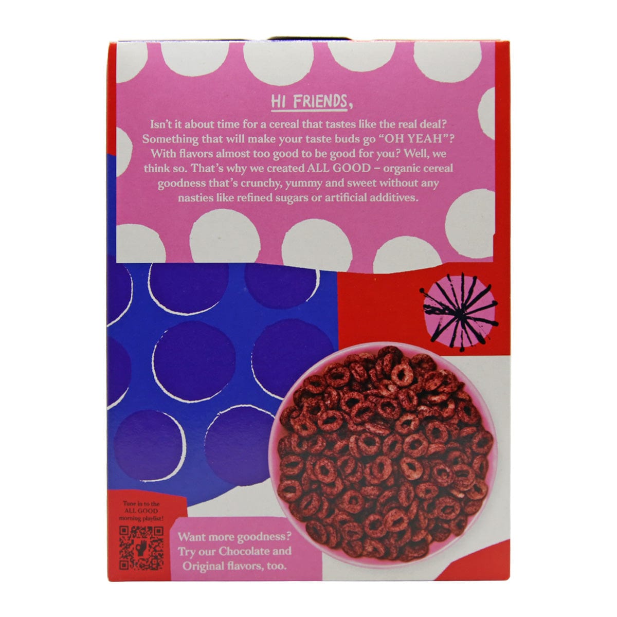 Die Rückseite der Bio Cerealien Berry-Packung von All Good zeigt ein leuchtendes rosa-blaues Design mit einer Schale dieses gesunden Hafer- und Dinkel-Müslis. Ideal zum Frühstück oder als veganer Snack, bietet es köstlichen Geschmack und nahrhafte Sättigung.