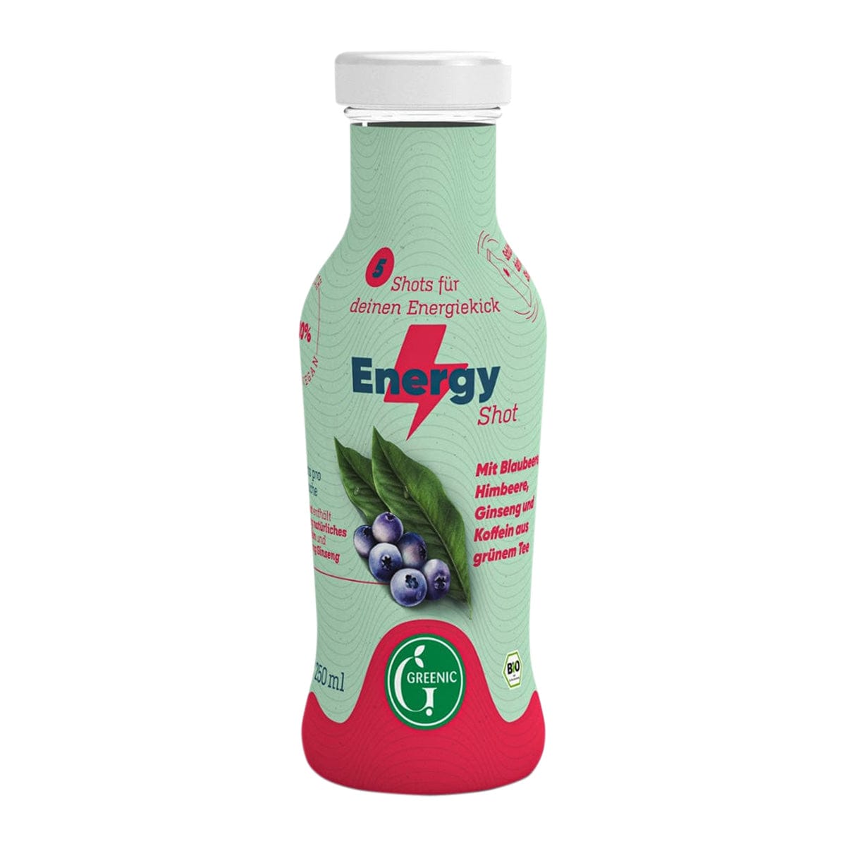 Greenic Bio Energy Shot mit Blaubeere, Himbeere, rotem Ginseng und natürlichem Koffein aus grünem Tee, 250ml