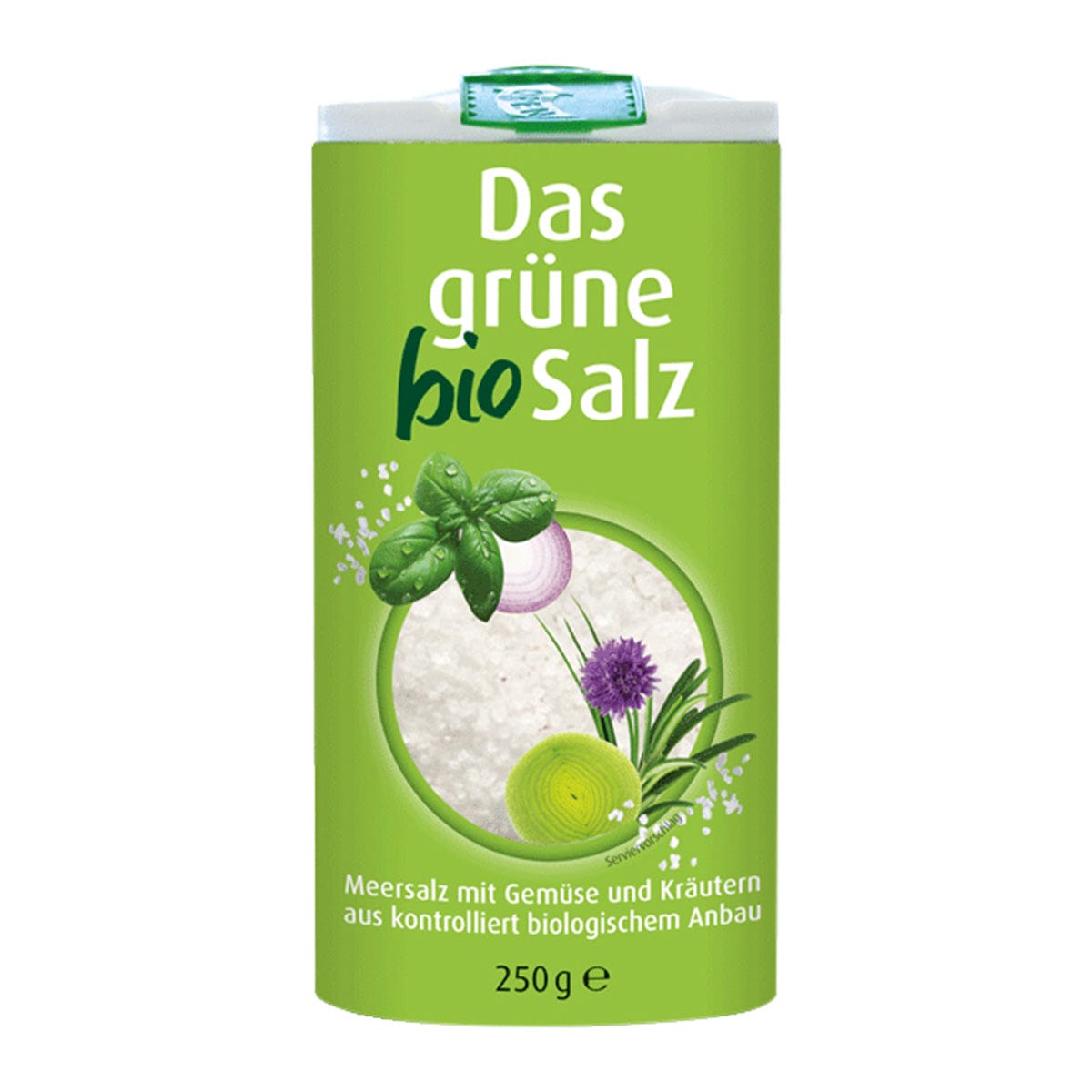 Die Verpackung von grünem Biosalz ist mit Kräuter- und Salzgrafiken versehen. Text lautet: „Das grüne Salz – Bio Salz mit Kräutern, 250g, glutenfrei und ohne Zuckerzusatz.“.