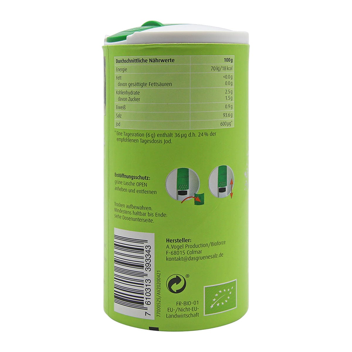 Grüne Verpackung mit Nährwert- und Öffnungshinweisen, mit Bio Salz mit Kräutern von Das grüne Salz, 250g für eine frische kulinarische Note.