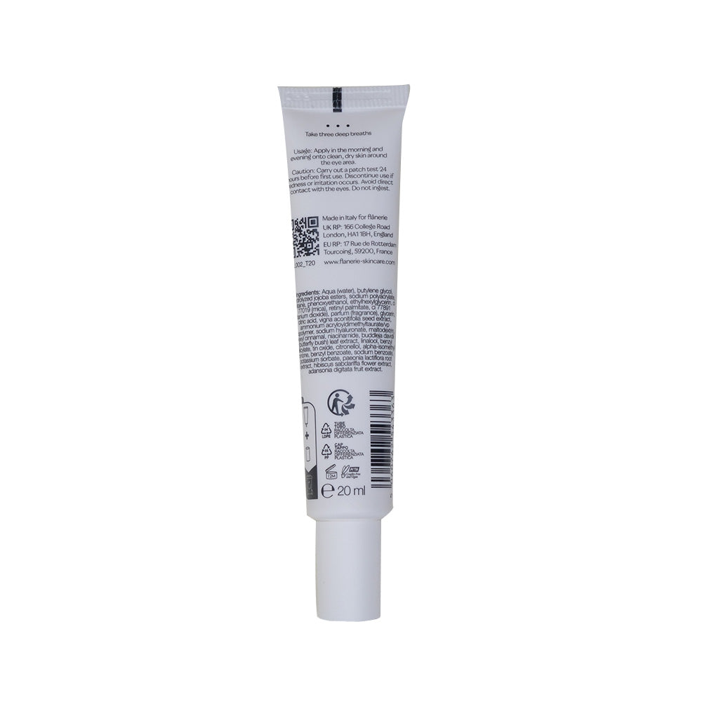 Entdecken Sie die aufhellende Augencreme von flânerie, eine 20-ml-Tube, die mit ihrer mit Hyaluronsäure angereicherten Formel dunkle Augenringe bekämpft. Die elegante Verpackung enthält einen QR-Code und eine weiße Kappe für eine praktische Anwendung, während Sie Ihre Haut verjüngen.