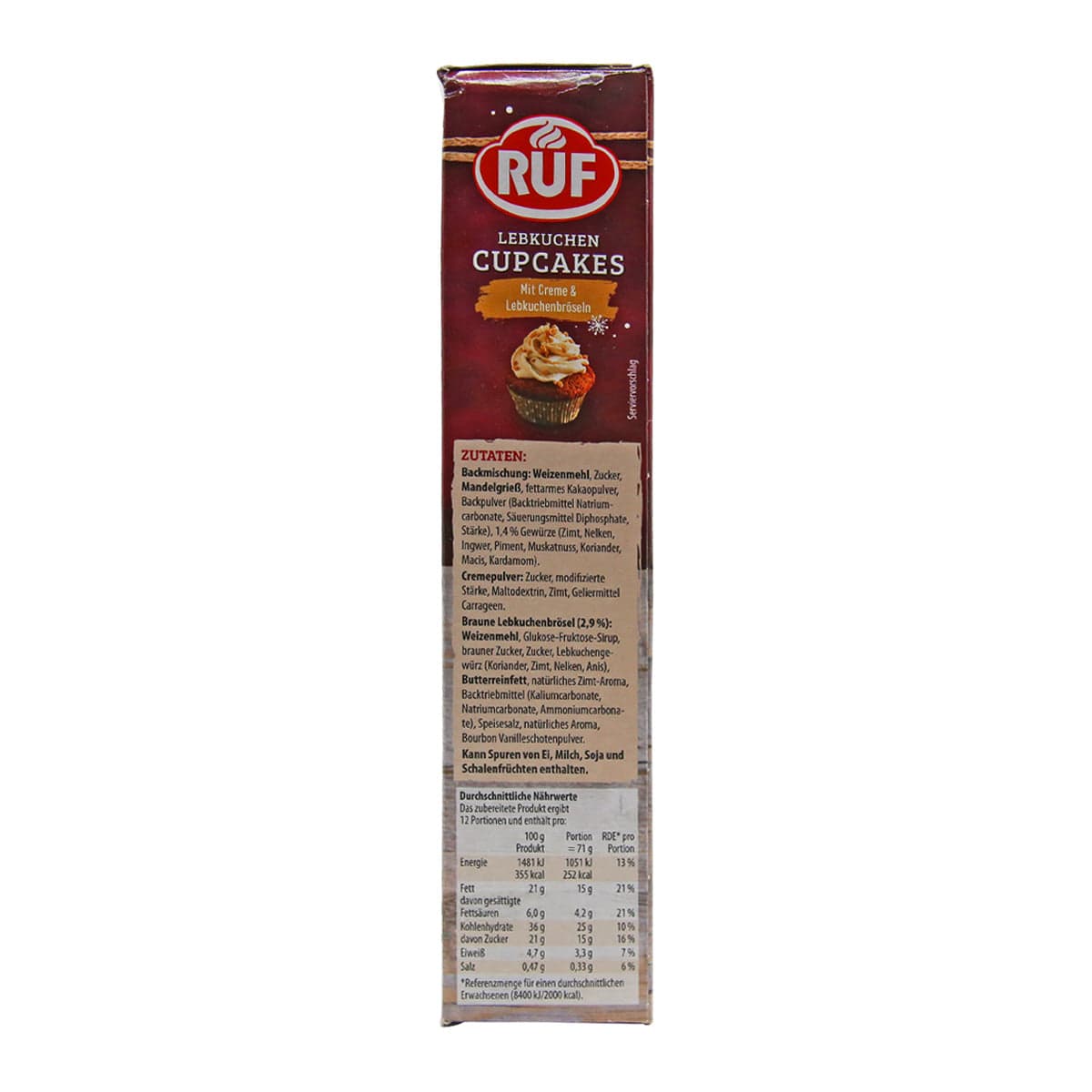 RUF Lebkuchen Cupcakes Backmischung, 350g, bietet eine köstliche Gewürzmischung für Ihr Backabenteuer. Diese vegetarische Mischung enthält alle Zutaten und Nährwertangaben auf der Verpackung.