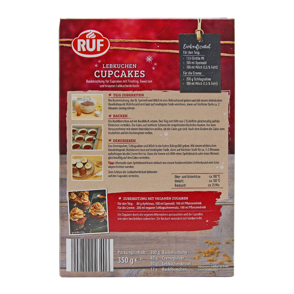 Auf der Verpackung der RUF Lebkuchen Cupcakes Backmischung, 350 g, sind Zubereitungsschritte und Zutaten angegeben. Diese vegetarische Mischung vereint traditionelle Gewürze zu einem köstlich reichhaltigen Leckerbissen.