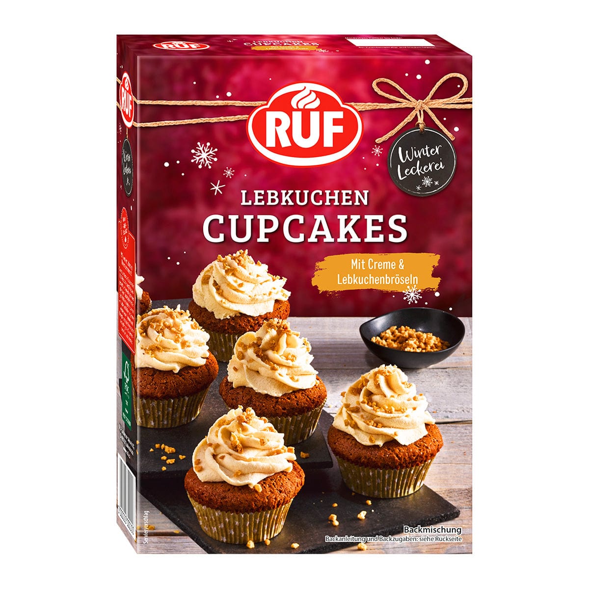 Eine 350-g-Schachtel RUF Lebkuchen Cupcakes Backmischung steht vor einem festlichen Hintergrund, mit glasierten Köstlichkeiten auf der Verpackung. Diese vegetarische Mischung ist mit reichhaltigen Gewürzen angereichert und eignet sich ideal für die Zubereitung von Festtagsleckereien.
