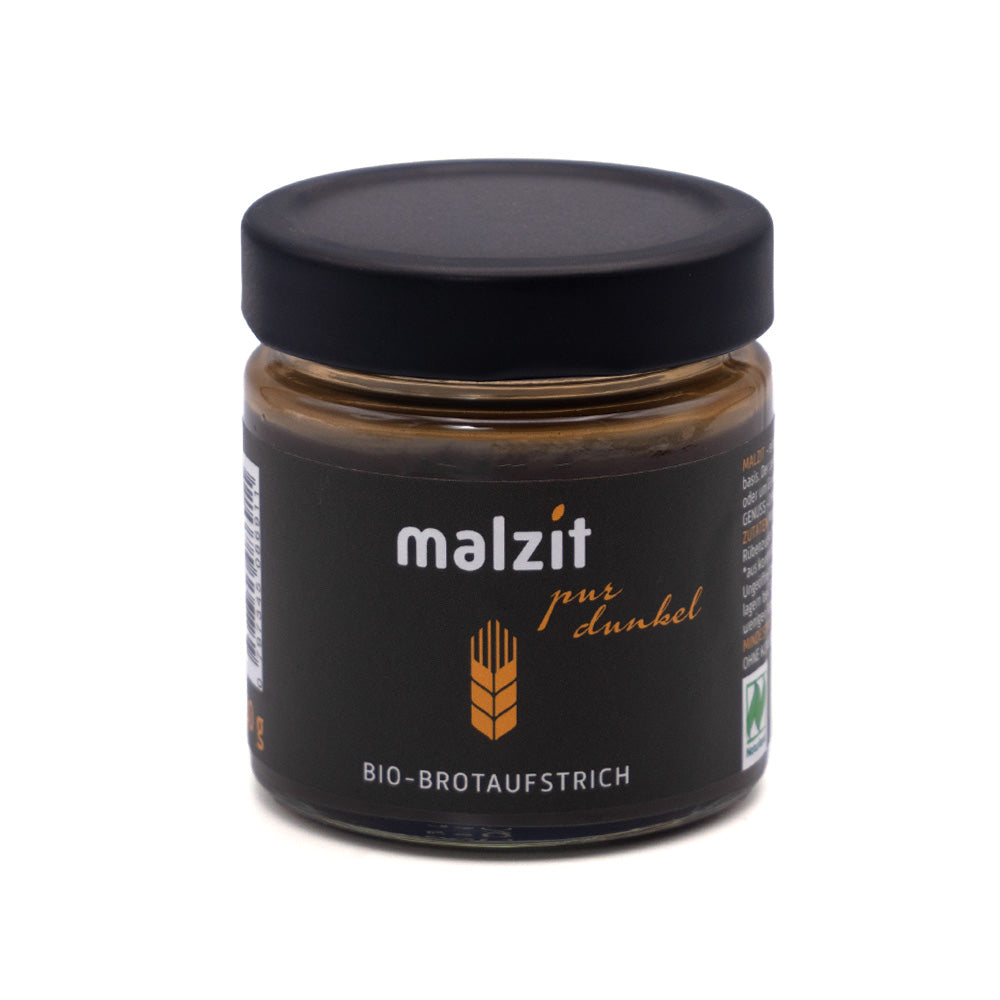 Glas BIO Malzaufstrich dunkel von Malzit, mit schwarzem Deckel, Weizenlogo, Bio-Zertifizierungslabel und dem reichen Geschmack von Gerstenmalz.