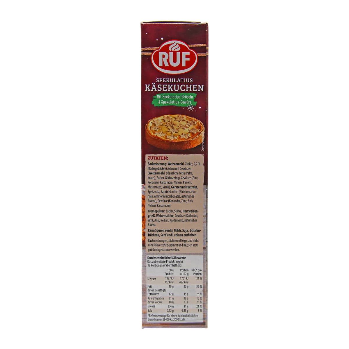 Die RUF Spekulatius-Käsekuchen-Backmischung, 520g-Packung enthält einen deutschen Text mit detaillierten Zutaten- und Nährwertangaben.