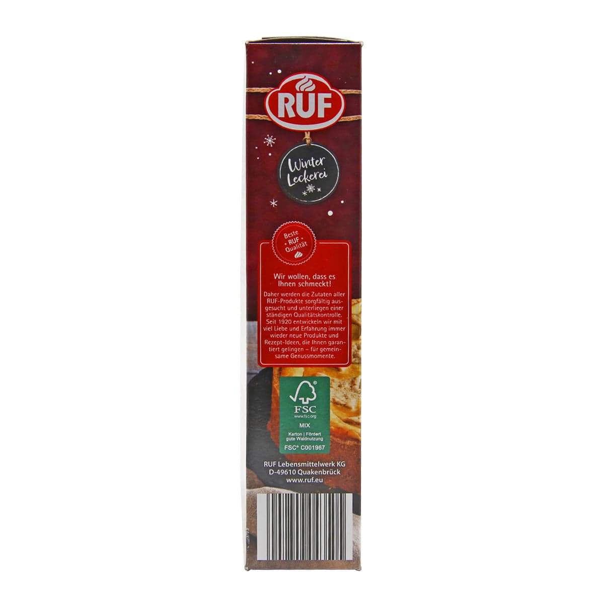 Seitenansicht einer RUF-520-g-Packung mit rotem Design und deutschem Text, die die saisonale Spekulatius-Käsekuchen-Backmischung hervorhebt.