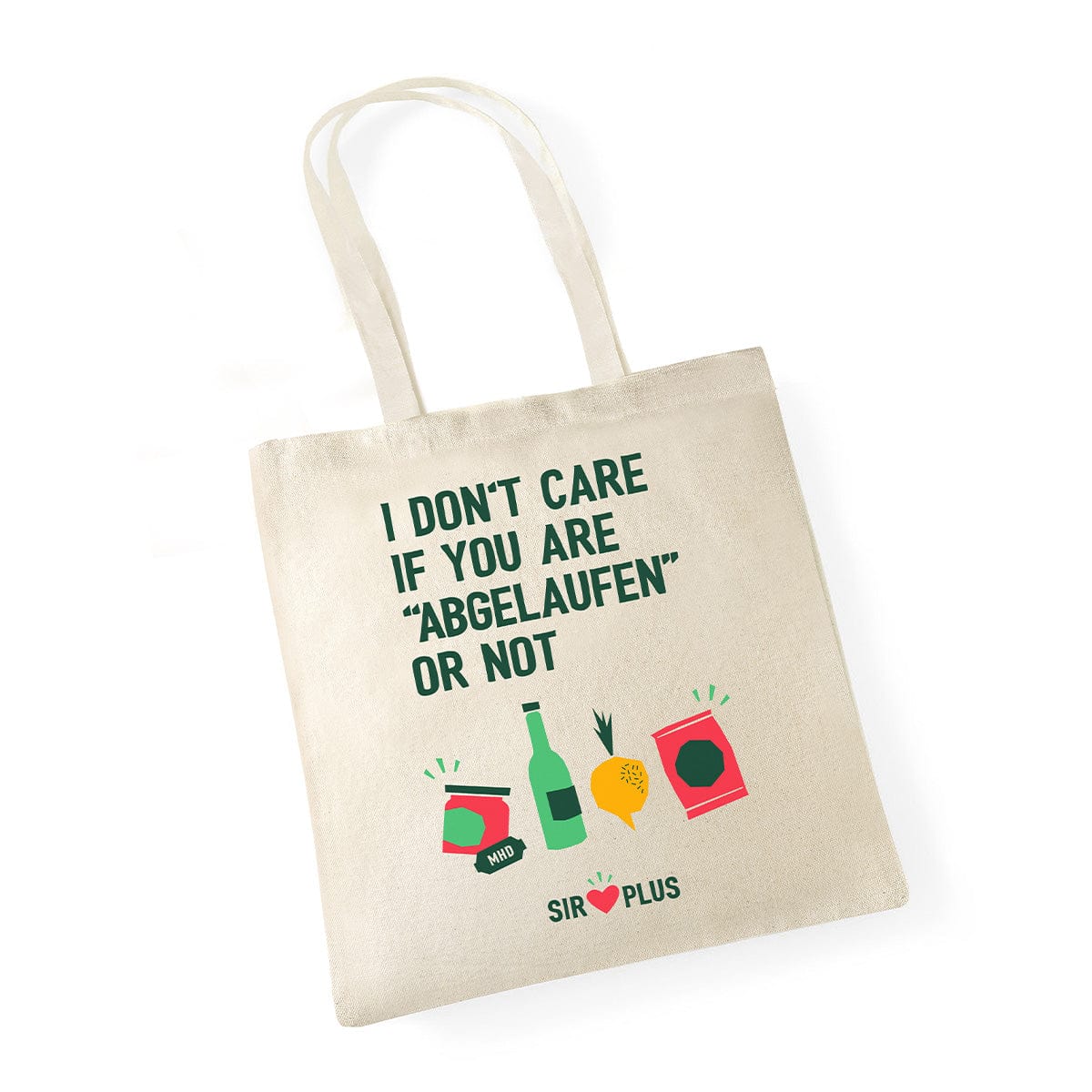 Der SIRPLUS Beutel „I dont care if you are abgelaufen or not“ ist mit bezaubernden Food-Illustrationen versehen, ideal für alle, die einen umweltfreundlicheren Lebensstil pflegen.