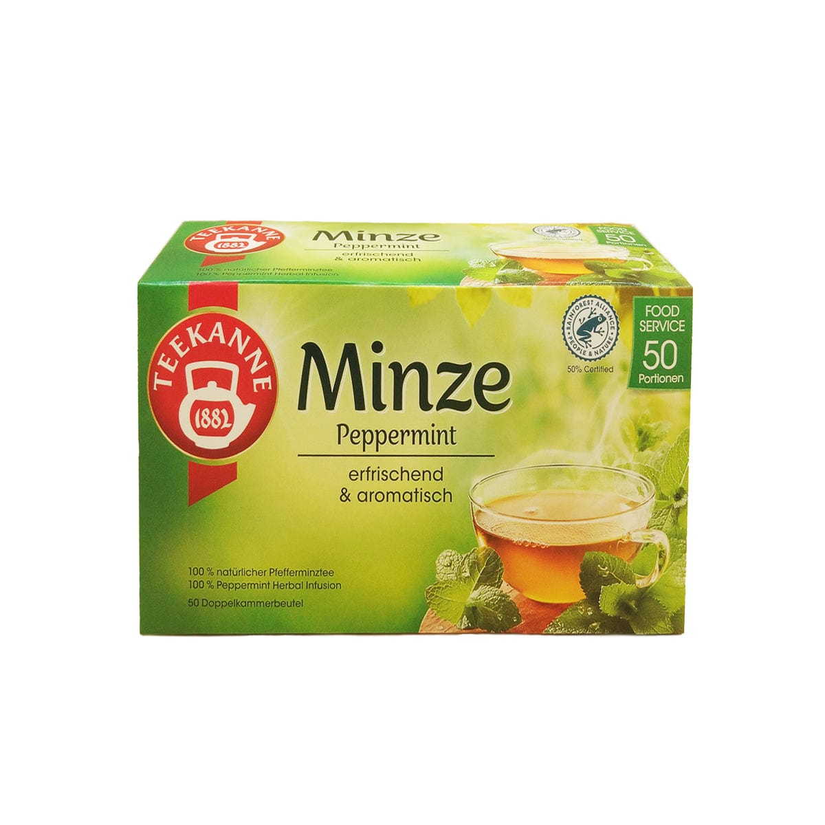 Teekanne Pfefferminze Familienpackung, 200,5 g, dargestellt mit einer Tasse und Minzblättern auf einem leuchtend grünen Hintergrund, ist stolz glutenfrei und vegan für ein erfrischendes Erlebnis.