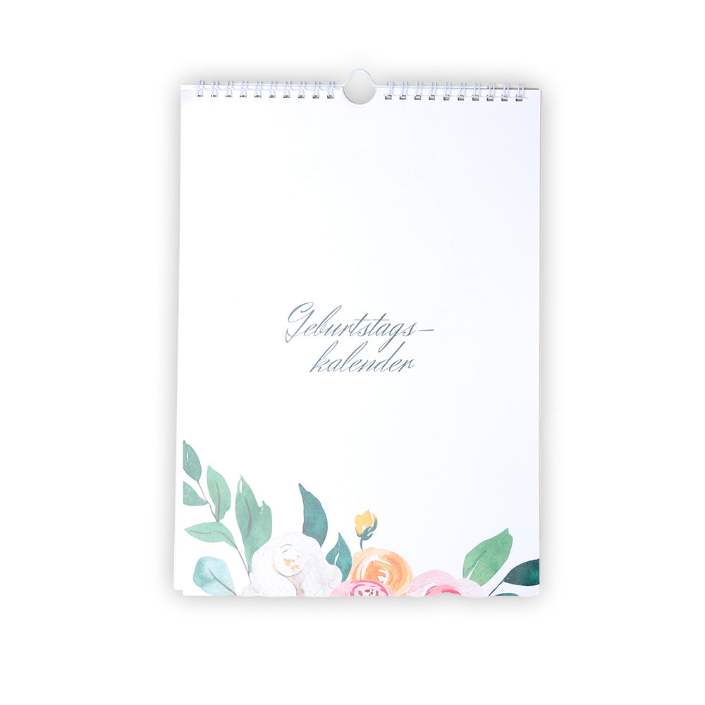 Der Geburtstagskalender von Uponmylife Shop präsentiert sich in elegantem Weiß mit einem umweltfreundlichen floralen Design am unteren Rand und geschwungenem Text auf dem Cover.