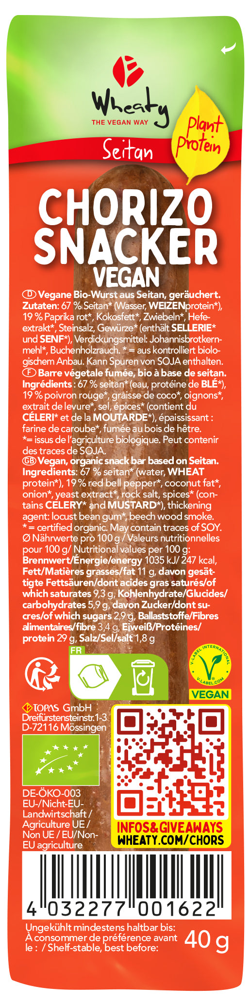 Wheaty Chorizo Snacker Vegan, 40g